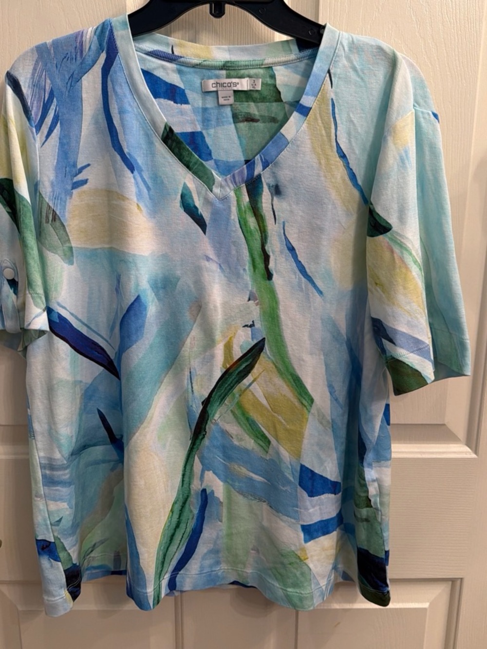 Chico's Blue, Green & Yellow Watercolor V-Neck Tee